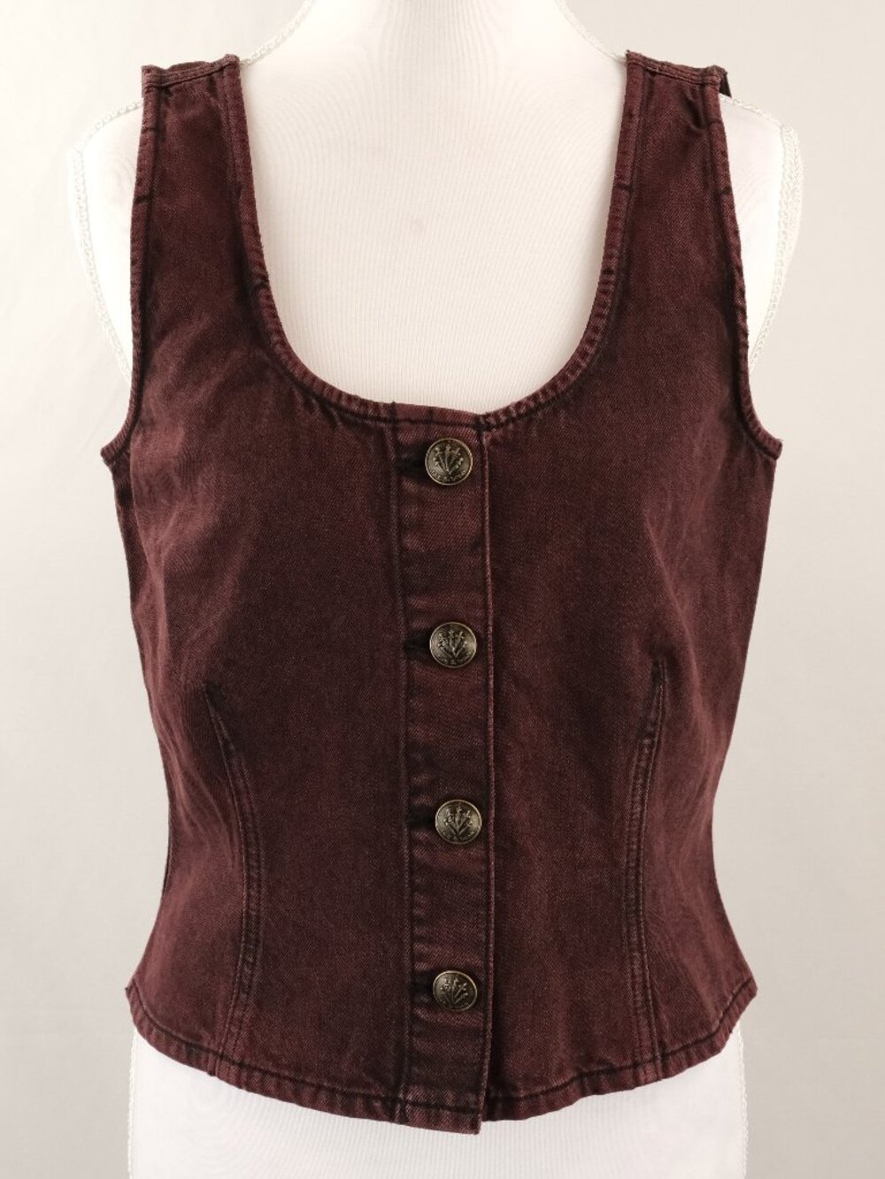Rag & Bone Poppy Buttoned Denim Vest Sleeveless Top, Burnt Burgundy, US 4
